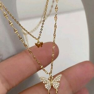 Gold‎ tone Rhinestone Butterfly Charm Layered Necklace for women